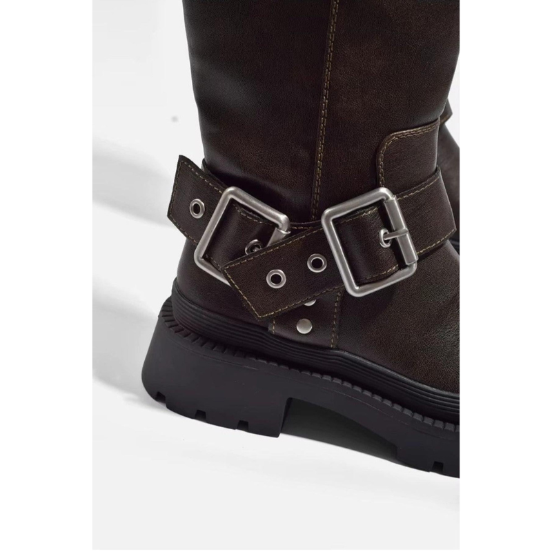 Damen Knöchelhohe Stiefel mit Schnalle – Chunky Sohle im Retro-Stil