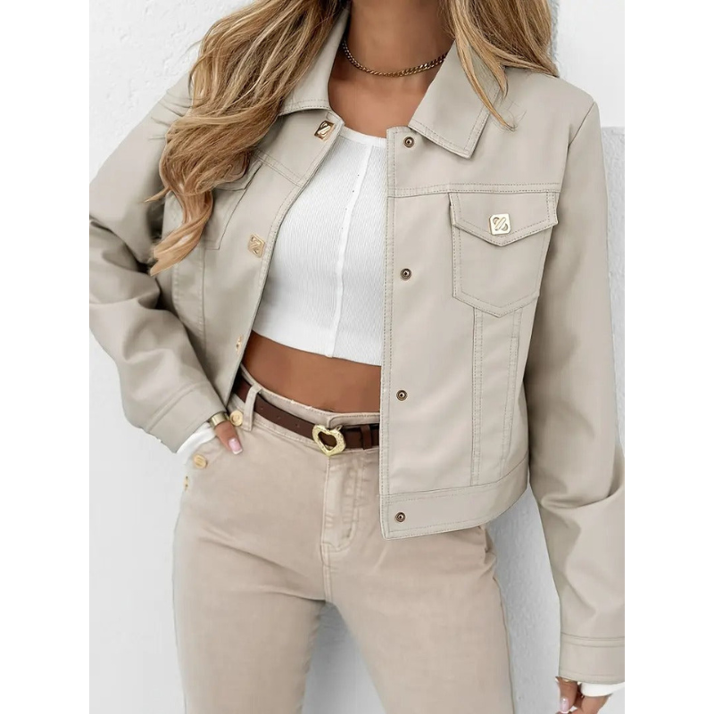 Beige Damen Cropped Jacke mit Goldknöpfen