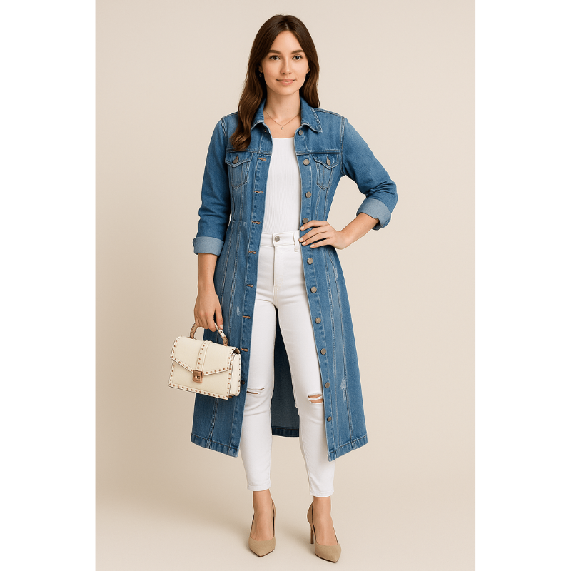 Soraya Denim Trenchcoat – Damen Lange Jeansjacke mit Bequemer Passform