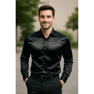 Herren Slim Fit Satinhemd mit langen Ärmeln