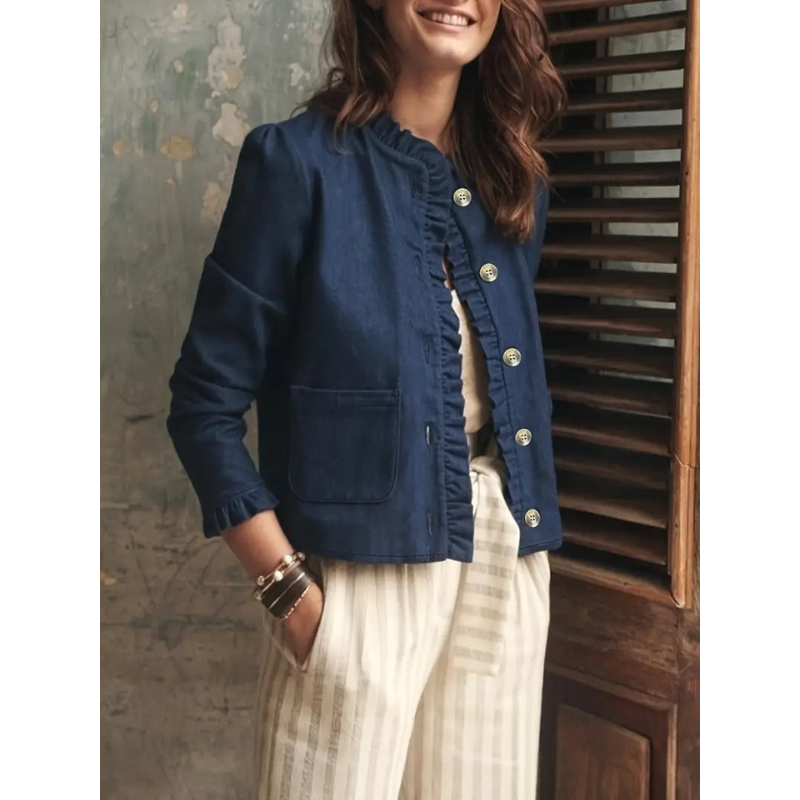 Marineblaue Damen-Denimjacke mit Rüschen
