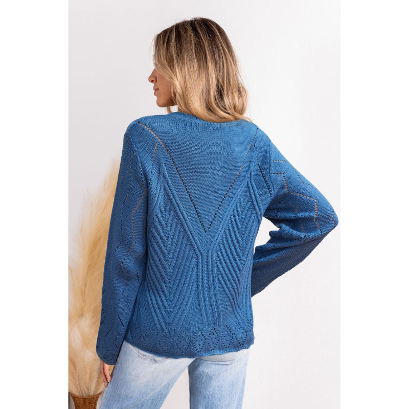 Dunkelblauer V-Ausschnitt Damen Strickpullover mit Rautenmuster
