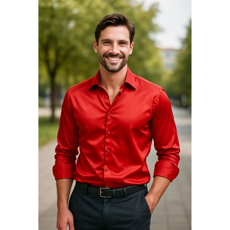 Herren Slim Fit Satinhemd mit langen Ärmeln