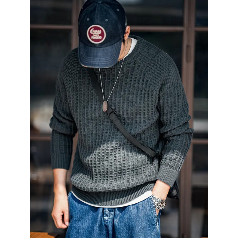 Dunkelgrauer Rundhals-Ripp-Pullover