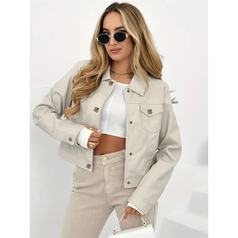 Beige Damen Cropped Jacke mit Goldknöpfen