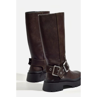 Damen Knöchelhohe Stiefel mit Schnalle – Chunky Sohle im Retro-Stil