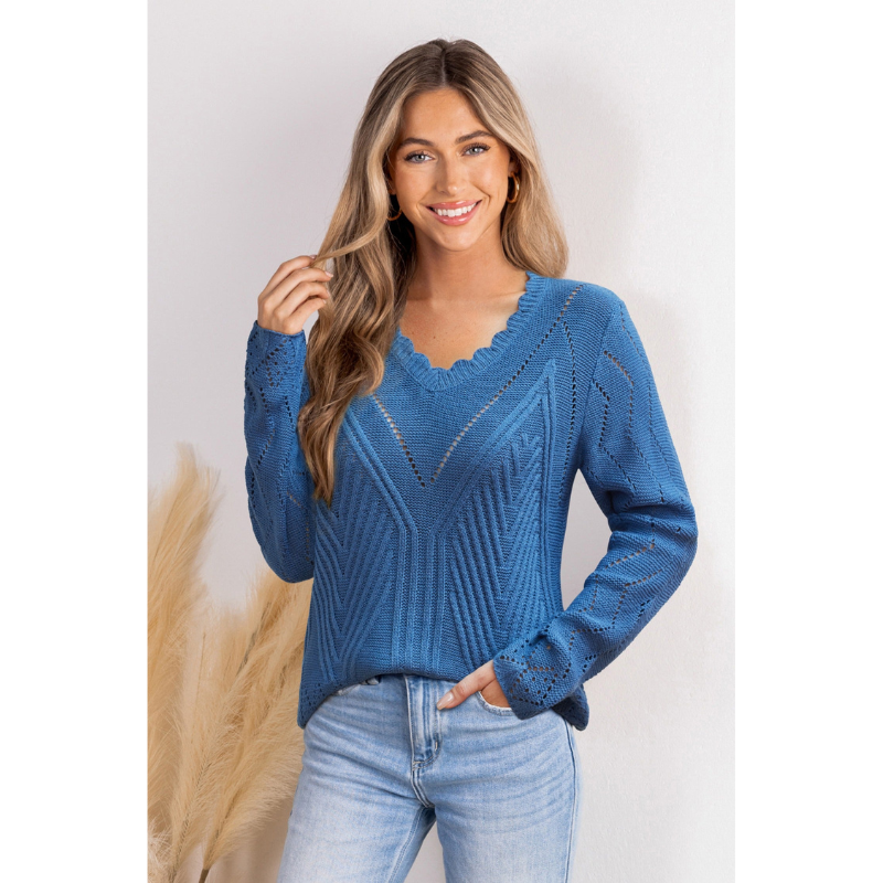 Dunkelblauer V-Ausschnitt Damen Strickpullover mit Rautenmuster
