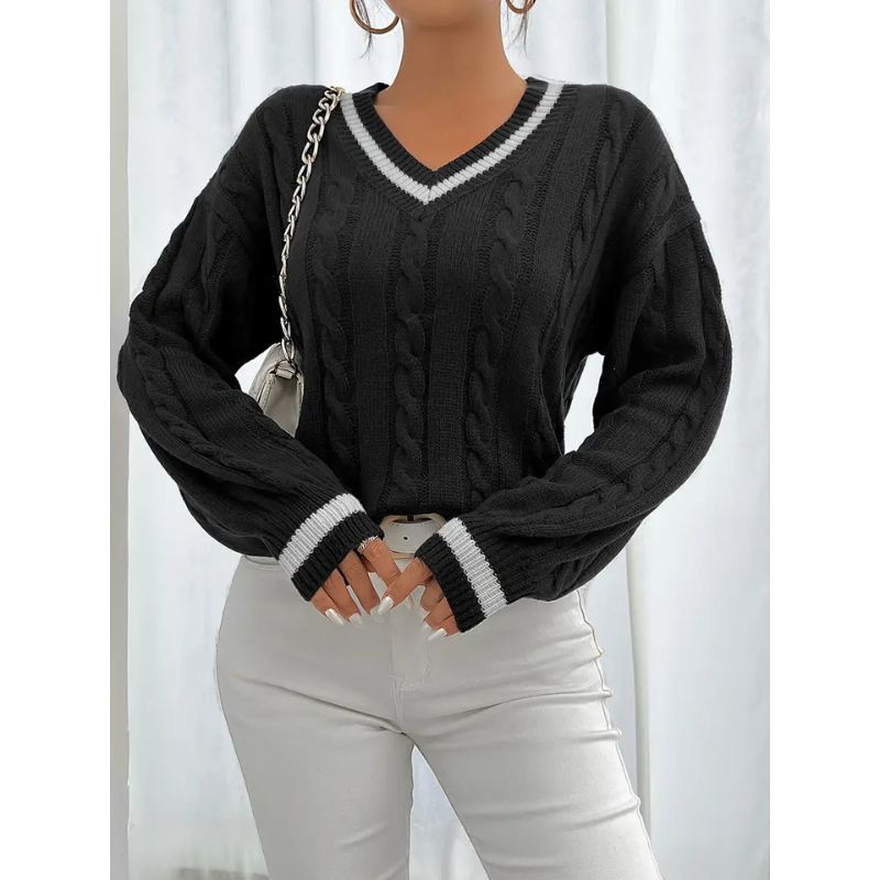 Frauen V-Ausschnitt Kabelstrickpullover mit Kontrastbündchen