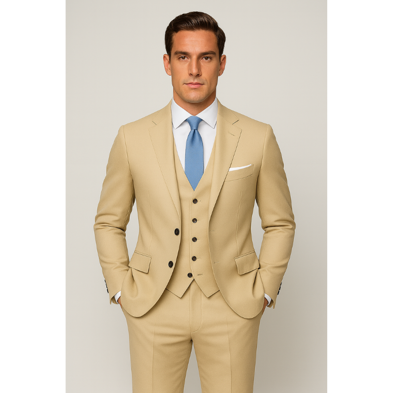 Dreiteiliger Herrenanzug in Dunkelgrau und Beige