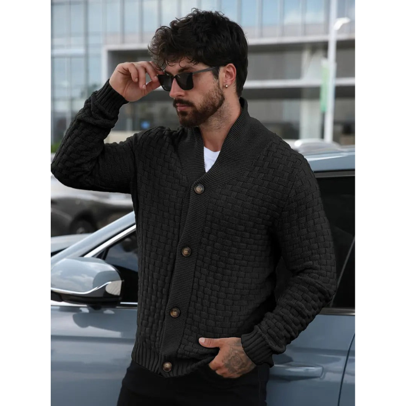 Herren Waffelstrick Cardigan mit Schalkragen und Knöpfen
