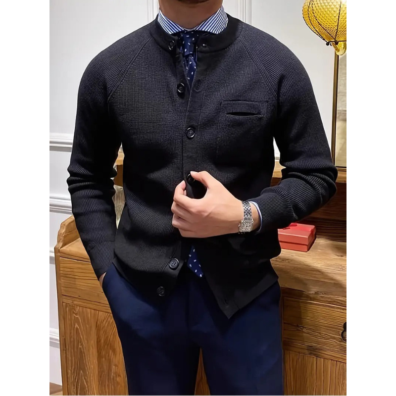 Herren Cardigan – Rippstrick mit Rundhalsausschnitt und Knopfverschluss