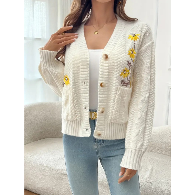 Frauen Strickjacke mit Blumenstickerei – Aprikose