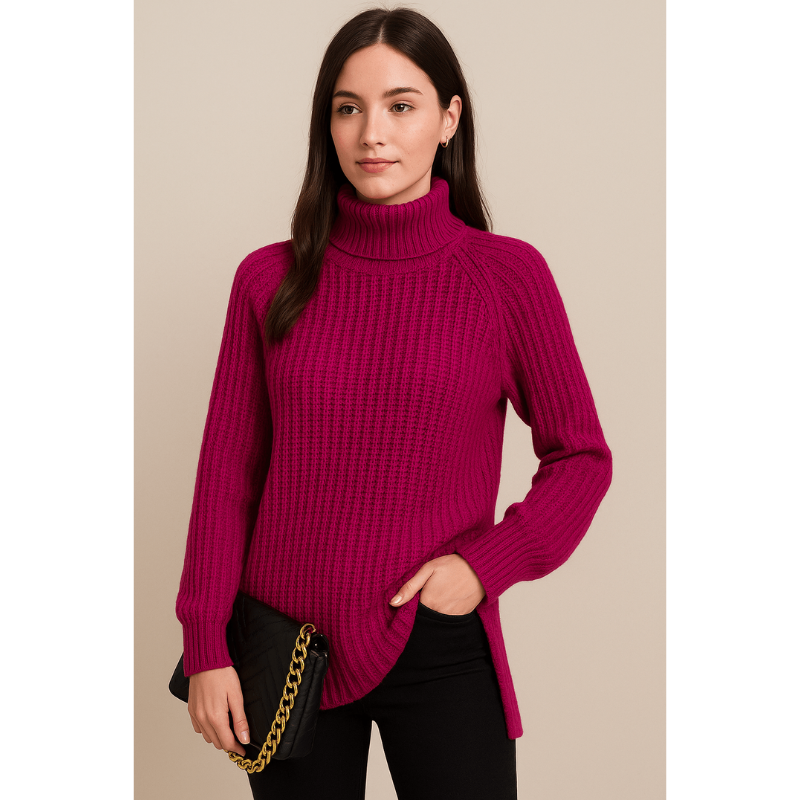 Elsie Rippstrickpullover – Damenpullover mit Hohem Kragen und Seitenschlitzen