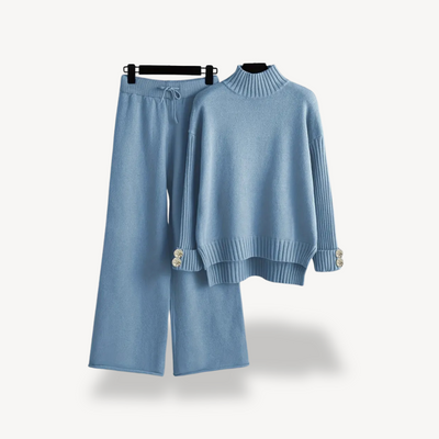 Frauen Strickset – Rollkragenpullover und weite Strickhose