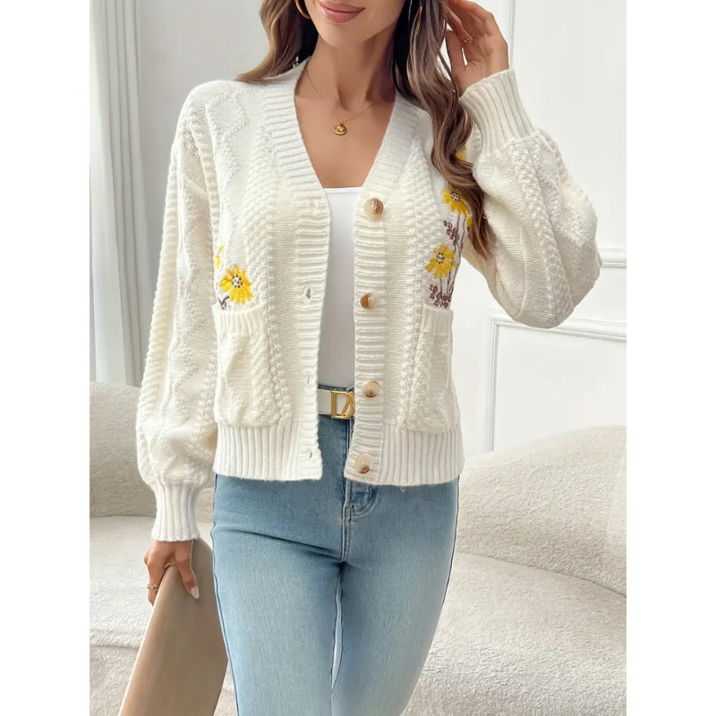 Frauen Strickjacke mit Blumenstickerei – Aprikose