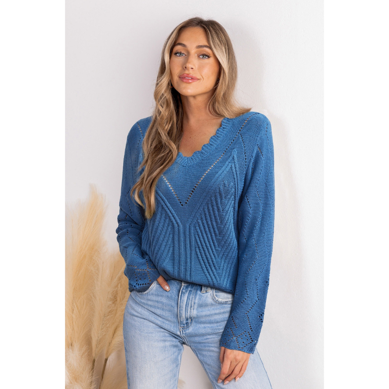 Dunkelblauer V-Ausschnitt Damen Strickpullover mit Rautenmuster