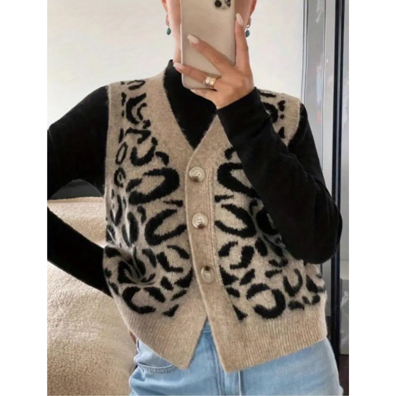 Ärmellose Damenweste mit Leopardenmuster und V-Ausschnitt