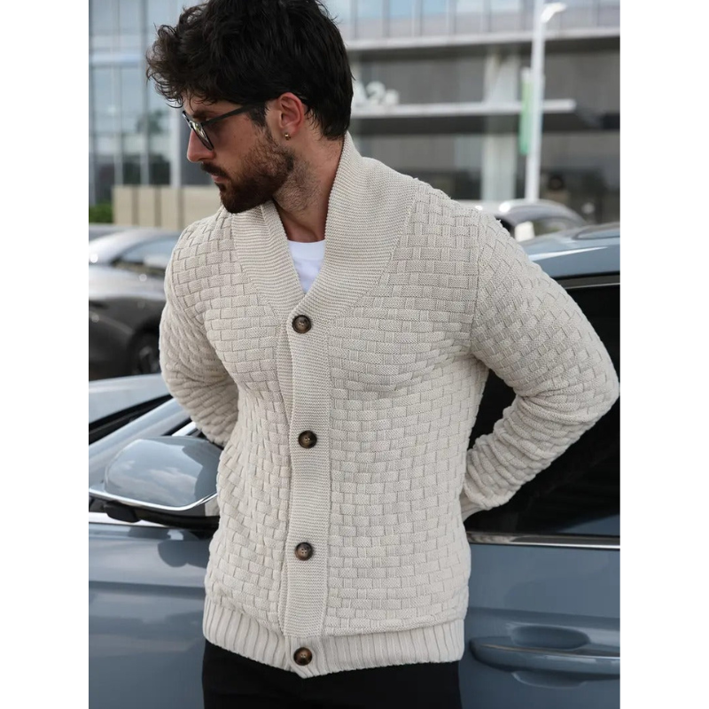 Herren Waffelstrick Cardigan mit Schalkragen und Knöpfen