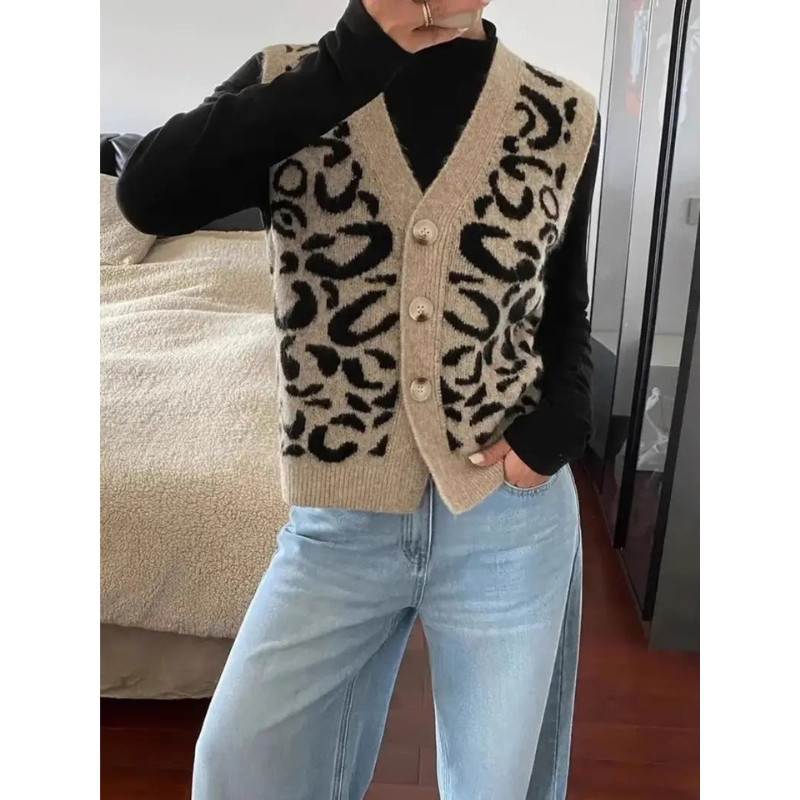 Ärmellose Damenweste mit Leopardenmuster und V-Ausschnitt