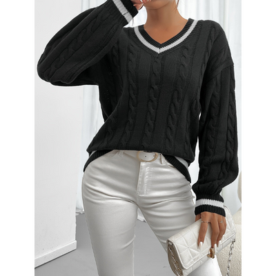Frauen V-Ausschnitt Kabelstrickpullover mit Kontrastbündchen
