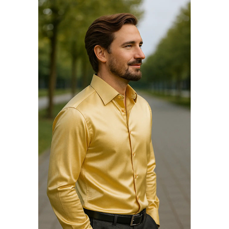 Herren Slim Fit Satinhemd mit langen Ärmeln