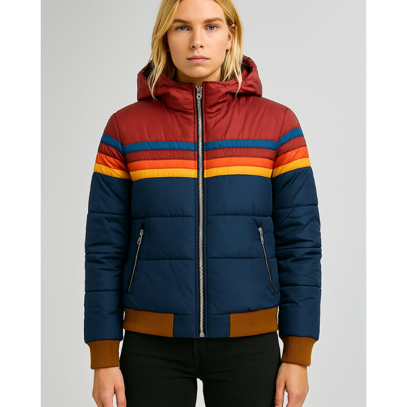 Damen Wasserfeste Kapuzen-Pufferjacke – Farbblock Winterjacke