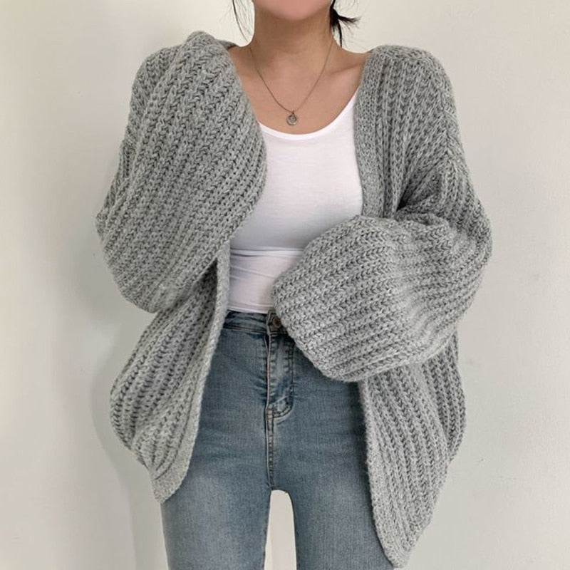 Damen Oversized Chunky Strickweste mit Ballonärmeln und Offener Vorderseite