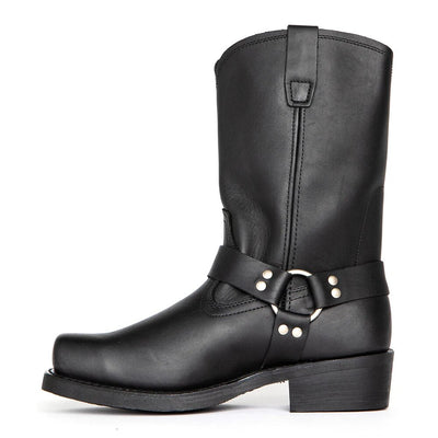 Bikerstiefel aus veganem Leder mit Harness-Riemen und eckiger Spitze